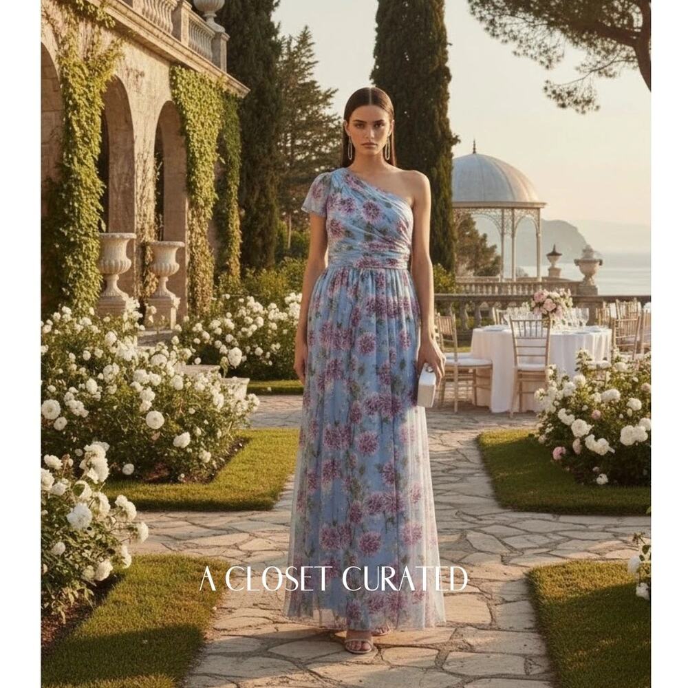Mikael Aghal One Shoulder Gathered Crepe Gown 8 Blue NEW
